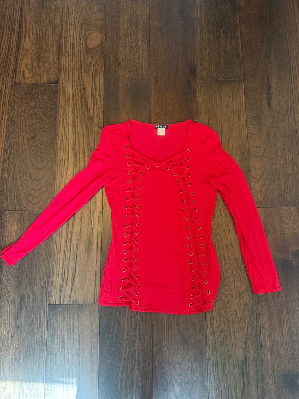 VENUS Red Lace-Up Eyelet Long Sleeve Top